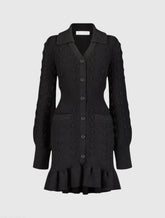Black Long Sleeve Button Up Collared Bobble Knit Sweater Dress